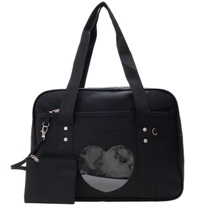 Black canvas JK uniform travel bag with heart clear window and mini pouch