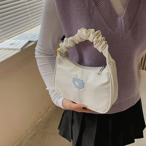 White canvas underarm bag with blue heart whale patch and ruched handle for women