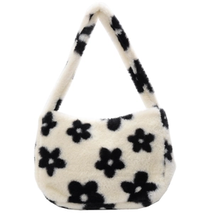 Borsa a spalla in peluche a fiori bianchi e neri in finta pelliccia per l'autunno e l'inverno