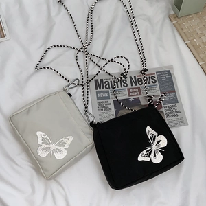 Dark aesthetic crossbody square bag with reflective butterfly and woven rope strap