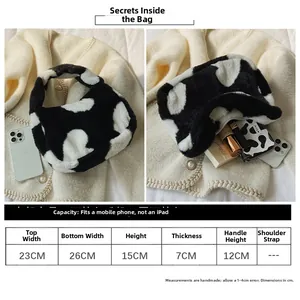 Tableau des tailles et dimensions du sac à main en peluche avec motif de vache