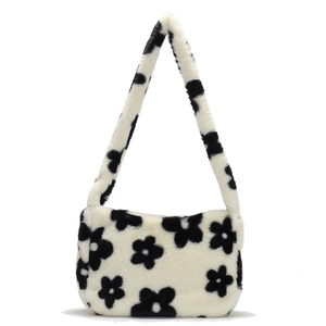 Sac Sous le Bras en Peluche Mignon Automne Hiver pour Femmes Style Coréen Fausse Fourrure Motif Floral Petit Sac à Épaule