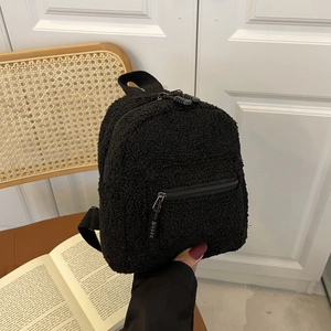 Cute black plush mini backpack with bunny ears and adjustable straps for women