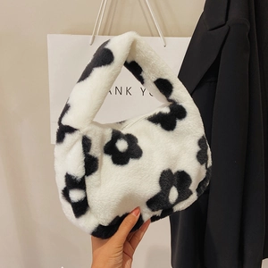 Women Faux Fur Shoulder Bag Cow Print Floral Pattern Plush Tote Handbag Autumn Winter Trendy Underarm Bag Fashion Accessory