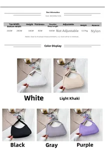 Size chart showing dimensions and colors of the lightweight nylon hobo shoulder bag