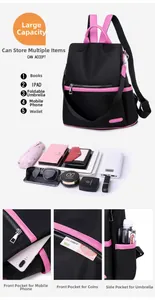 Detail of black nylon backpack with pink trim showing interior capacity for iPad and phone