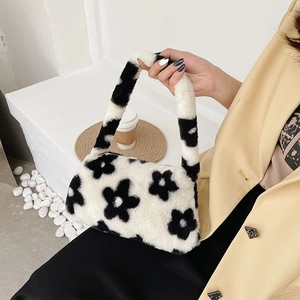 Bolso de Axila de Peluche Floral Vintage para Mujer Moda Coreana Estampado de Flores Blanco Negro Bolso de Hombro Otoño Invierno