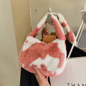 Sac Sous le Bras en Peluche pour Femmes Sac à Bandoulière en Fausse Fourrure Imprimé Vache Floral Hiver