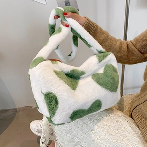 Koreanischer Stil Plüsch Herzmuster Baguette Unterarmtasche Weiche Kunstpelz Schultertasche Für Damen Süße Winter Mode Handtasche
