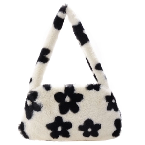 Bolso de hombro de felpa con patrón floral blanco y negro y suave textura de piel sintética