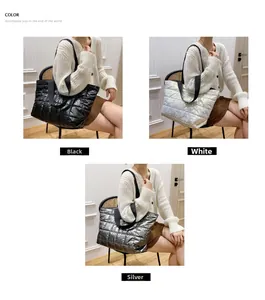 Quilted space cotton tote bag shown in black, white, and silver color options