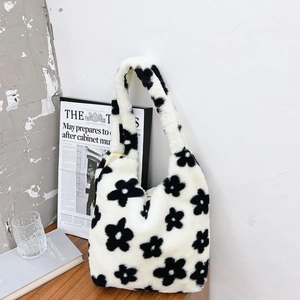 Women Plush Floral Leopard Shoulder Bag Korean Style Large Capacity Tote Autumn Winter Soft Fluffy Handbag Shopping Bag