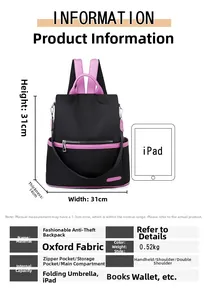 Detailed size chart and multi-pocket interior view of the purple contrast anti-theft backpack