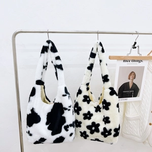 Bolsos tote de felpa con estampado floral y de vaca para hombro en otoño e invierno chic