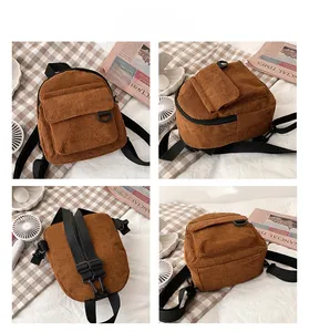 Detailansicht eines braunen Cord-Rucksacks aus vier Winkeln mit Schnalle und Gurtband