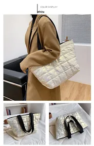 Detail of white quilted space cotton tote bag featuring glossy waterproof finish