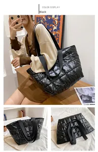 Detailed views of a black quilted puffer tote bag with glossy finish and woven straps