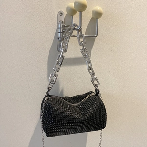 Sparkling black rhinestone Boston handbag with silver chain straps for evening party use