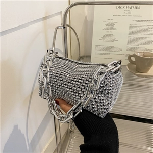 Elegant silver rhinestone bucket bag with thick metal chain strap for women