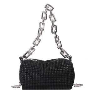 Sparkling black rhinestone cylinder handbag with thick silver chain link handle