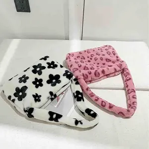 Sacs portés épaule en peluche rose léopard et fausse fourrure florale pour l'automne