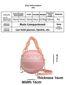 Size information and dimensions for the pink and white PU leather basketball bag