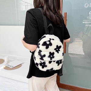 Sac à Dos Mignon en Peluche à Fleurs pour Femmes Style Japonais Noir et Blanc Floral Mini Sac d'École Décontracté
