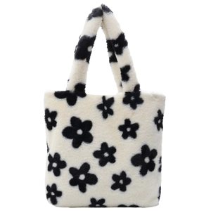 Sac fourre-tout en fausse fourrure pelucheuse avec motif floral noir et blanc