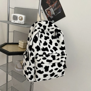 Zaino in Peluche a Motivo Mucca Stile Coreano per Donna Nero Bianco Macchie Animali Stampato Casual Quotidiano Scuola Viaggio