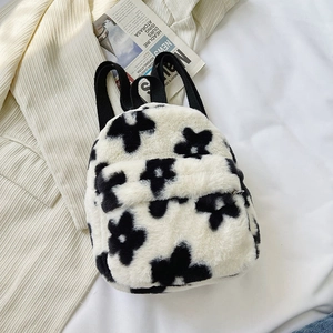 Sac à dos mignon en peluche à motif floral noir et blanc pour l'automne et l'hiver