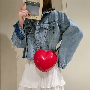 Women Chic Heart Shaped PU Leather Shoulder Bag With Golden Chain Strap Glossy Mini Handbag For Party Wedding Birthday Gift