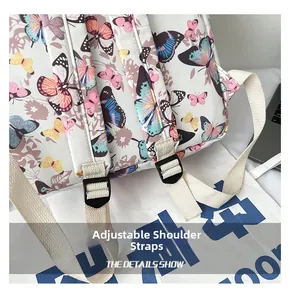 Close-up of adjustable straps and buckles on a butterfly print school backpack