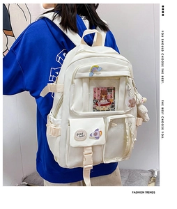 Detailed view of white Japanese style backpack with cute cartoon patches and multi-pockets