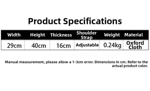 Size chart for Harajuku butterfly backpack with dimensions 29x40x16cm and oxford material