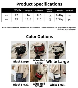 Detailed size chart for the quilted shoulder bag with large and small dimension specs