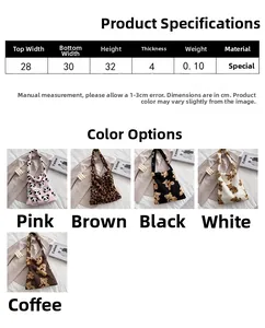 Detailed size chart and specifications for the large plush faux fur tote bag for women