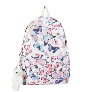 Korean style butterfly print school backpack for students with plush bear keychain
