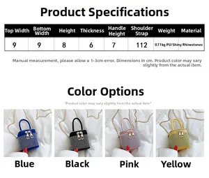 Mini rhinestone cylinder bags in four colors with dimensions and 112cm chain strap detail