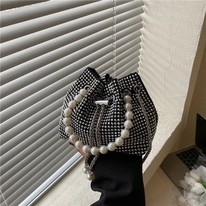 Fashion Women Rhinestone Bucket Bag Elegant Artificial Pearl Handle Sparkling Drawstring Chain Shoulder Crossbody Bag Evening Handbag