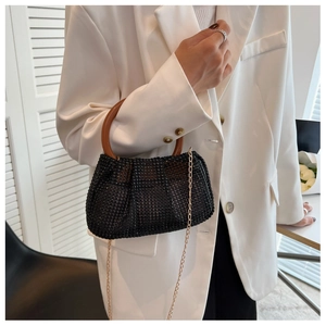 Fashionable black rhinestone cloud bag with wooden ring handle and gold chain strap