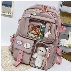 Pink student backpack detail with cute charms and multi-pocket functional design