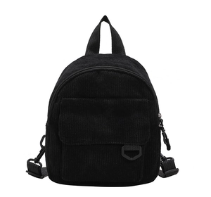 Schlichter schwarzer Cord-Mini-Rucksack für Damen mit verstellbaren Trägern und Tasche