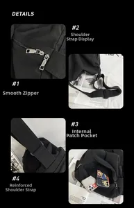 Detail of smooth metal zipper and reinforced adjustable shoulder strap on black canvas bag