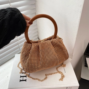 Rhinestone Pleated Cloud Shoulder Bag Vintage Chain Evening Handbag With Round Handle For Women Elegant Party Wedding Clutch