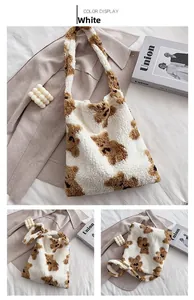 Detail view of the soft sherpa fleece material with cute brown bear prints on the tote bag