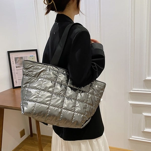Silver quilted down tote bag with large capacity and shoulder straps for women