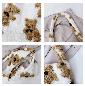 Detail shots of the fluffy white teddy bear tote showing lamb wool texture and handles