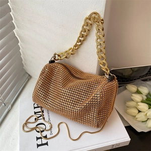 Women Rhinestone Chain Shoulder Bag Shiny Solid Color Cylindrical Crossbody Bag Soft PU Leather Evening Party Handbag