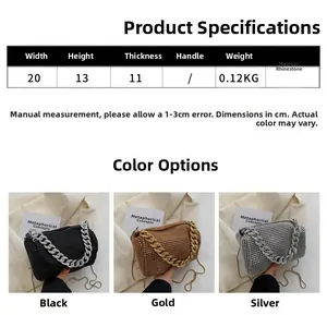 Detailed size specifications and three color options for the rhinestone chain handbag