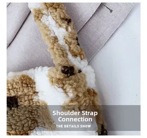 Detail of the stitching on a plush brown and white checkered faux fur tote bag